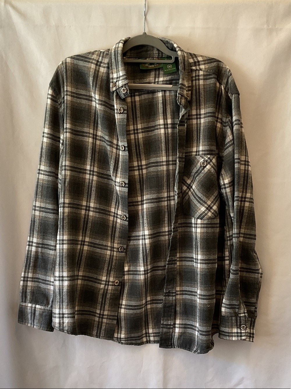 Stillwater Supply Co. Gray, Tan, & White Plaid Button-Up Flannel Shirt